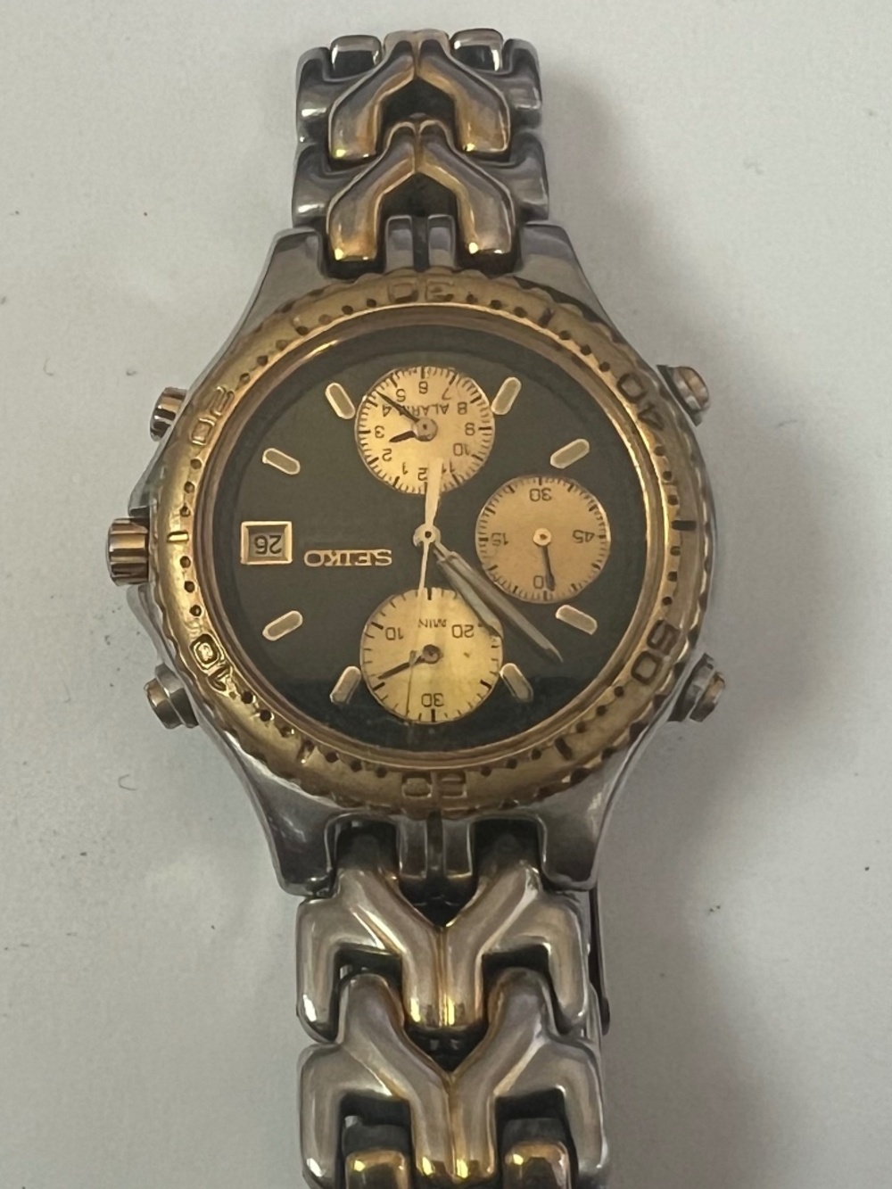 Vintage Seiko 7T32 Alarm Chronograph Men's Two-Tone Watch | Black Dial